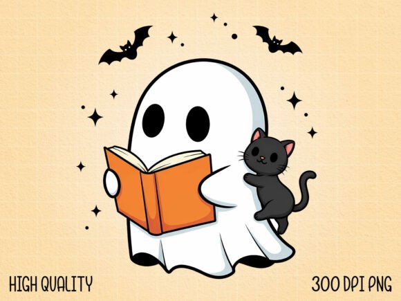 Download Cute Ghost Reading Book with Cat PNG - Png Collection